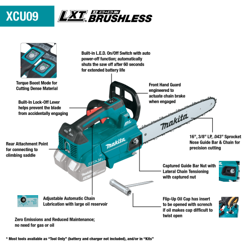 Makita 36V (18V X2) LXT® Brushless 16" Top Handle Chain Saw Kit (5.0Ah)