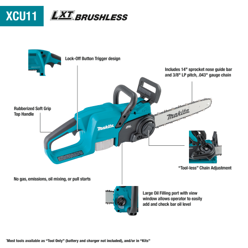 Makita 18V LXT® Lithium‑Ion Brushless Cordless 14" Chain Saw, Tool Only