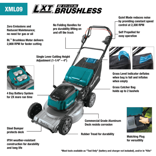 Makita 36V (18V X2) LXT® Brushless 21" Self‑Propelled Commercial Lawn Mower Kit with 4 Batteries (5.0Ah)
