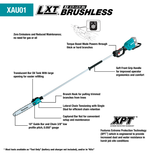 Makita 36V (18V X2) LXT® Brushless 10" Pole Saw, 8' Length, Tool Only