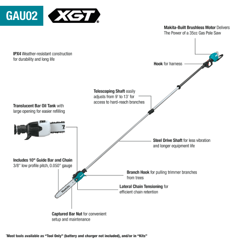 Makita 40V max XGT® Brushless Cordless 10" Telescoping Pole Saw, 13' Length, Tool Only