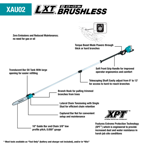 Makita 36V (18V X2) LXT® Brushless 10" Telescoping Pole Saw Kit, 13' Length (5.0Ah)
