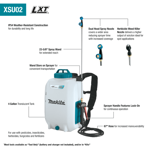 Makita 18V LXT® Lithium‑Ion Cordless 4 Gallon Backpack Sprayer, Tool Only
