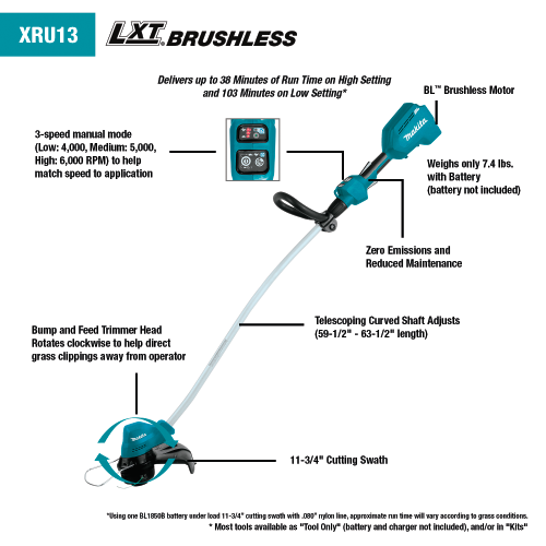 Makita 18V LXT® Lithium‑Ion Brushless Cordless Curved Shaft String Trimmer, Tool Only