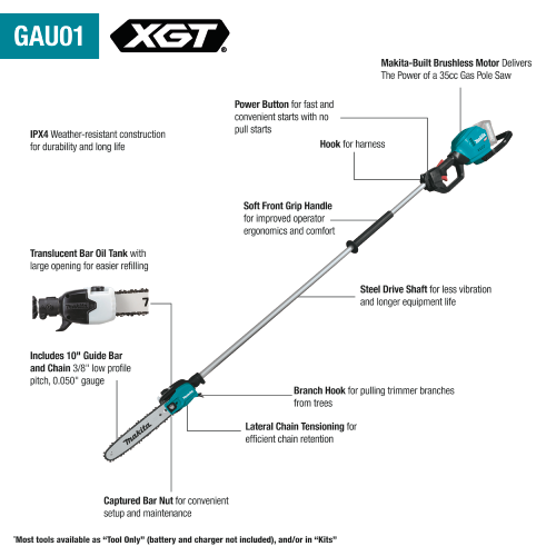 Makita 40V max XGT® Brushless Cordless 10" Pole Saw Kit, 8' Length (5.0Ah)