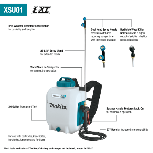 Makita 18V LXT® Lithium‑Ion Cordless 2.6 Gallon Backpack Sprayer, Tool Only