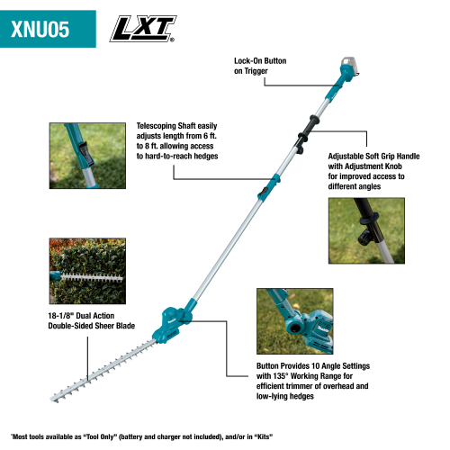 Makita 18V LXT® Lithium‑Ion Cordless 18" Telescoping Articulating Pole Hedge Trimmer, Tool Only