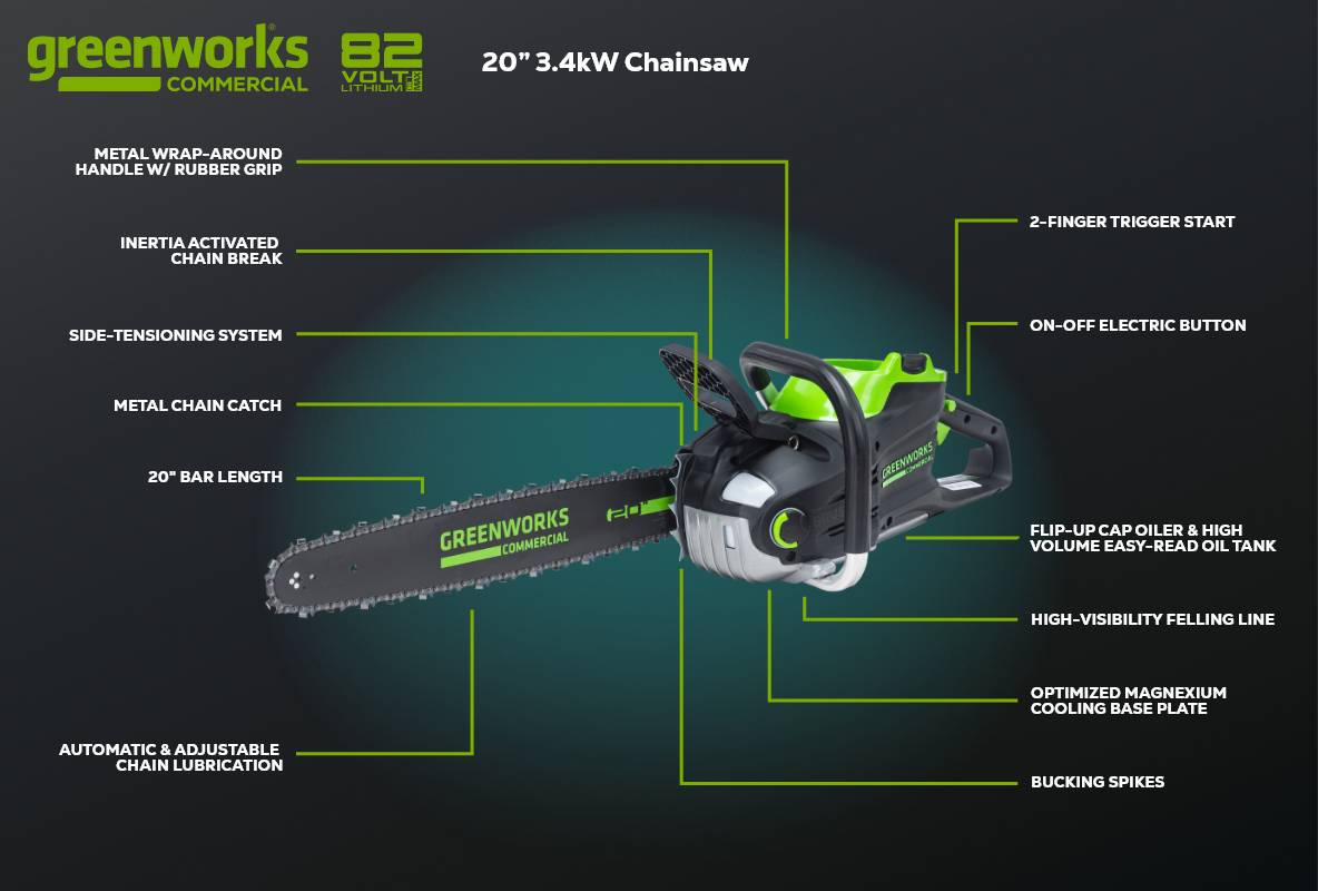 Greenworks 82V 20" 3.4kW Cordless Battery Chainsaw w/ 4.0Ah Battery and Dual Port Rapid Charger
