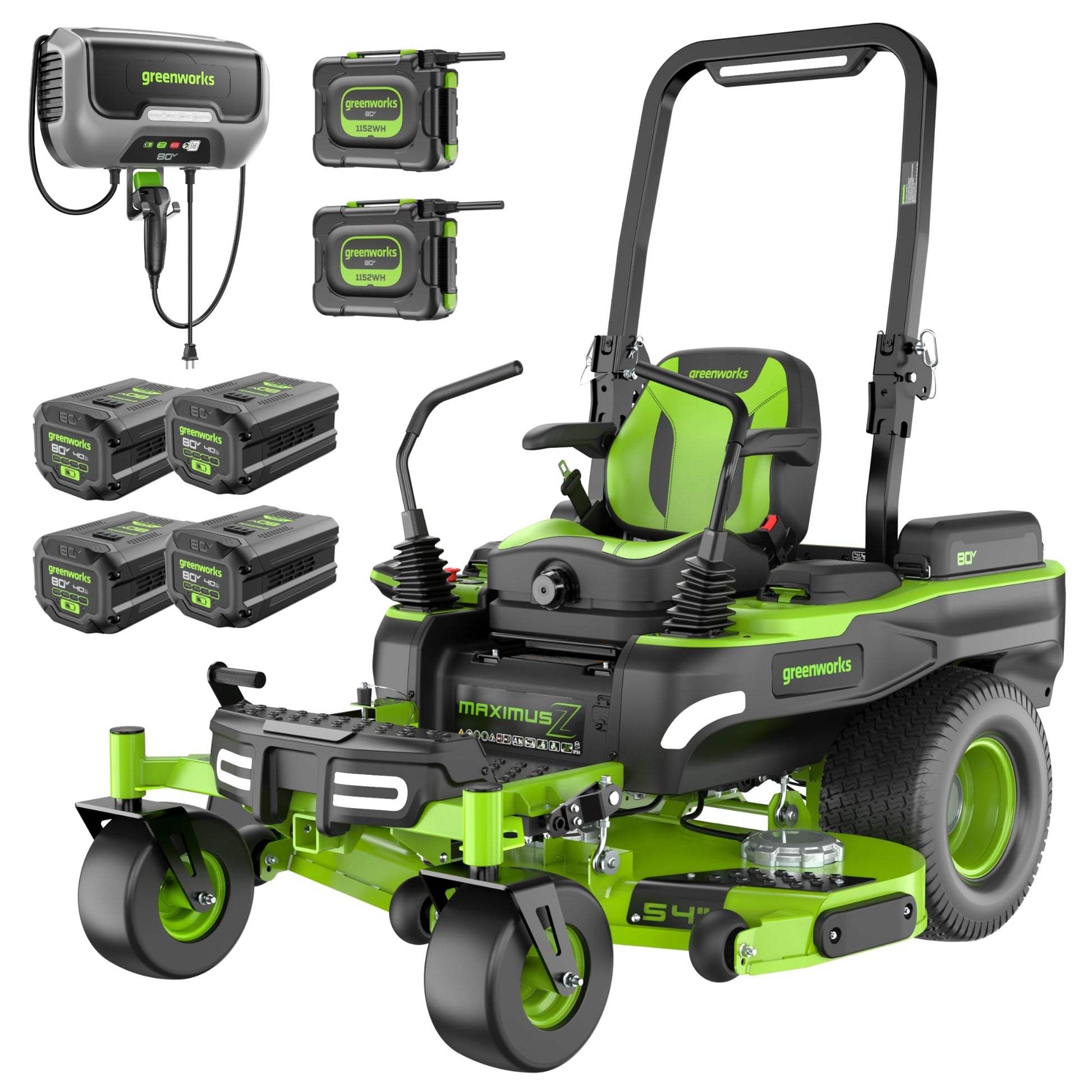 Greenworks 82V 54" MaximusZ Zero Turn Riding Mower with (2) 16.0 Ah , (2) 8.0 Ah ,(2) 4.0 Ah Batteries and 1.5kW Charger